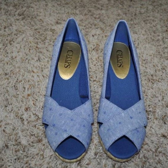 Womens Espadrille Wedge Sandals Chaps Blue Dot Chambray 7.5 Dakota Peep Toe - Picture 2 of 5